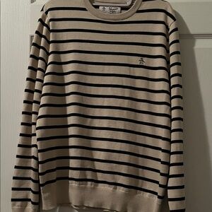 Original Penguin Beige and Black Striped Crewneck Sweater